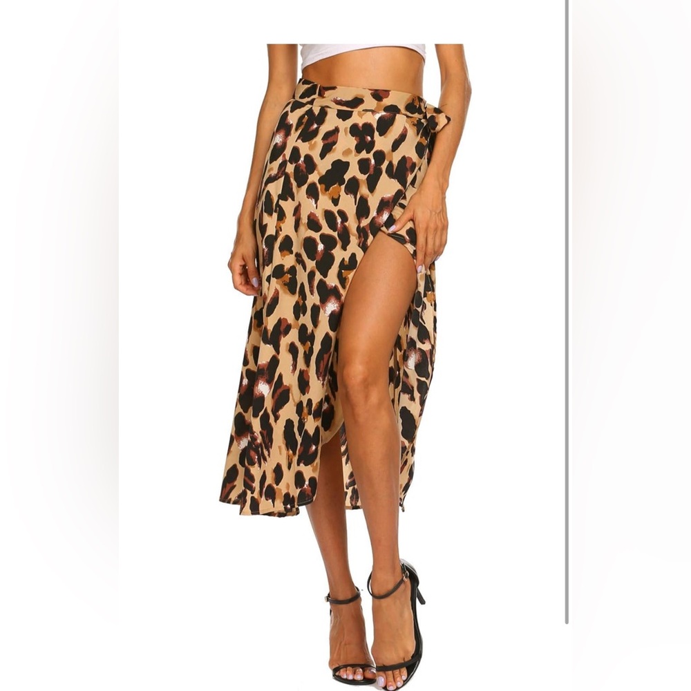 NWOT Newchoice Women's Boho Leopard Skirt High Low Split Midi Wrap Skirts - med
